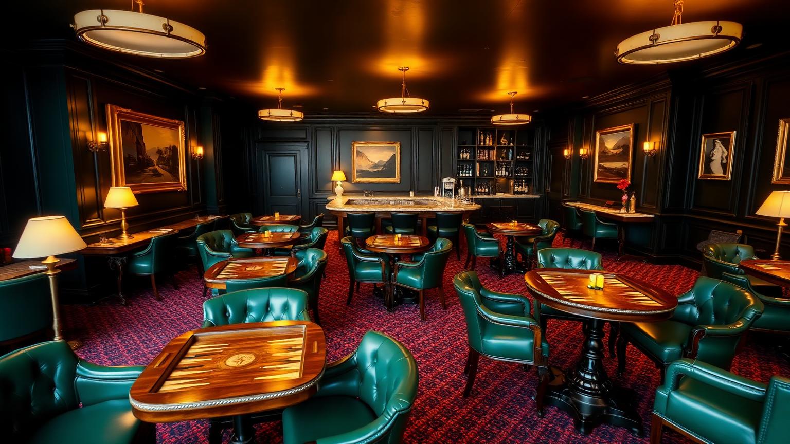 The GAMMON'D parlor: walnut tables, green leather chairs and brass lamps before opening