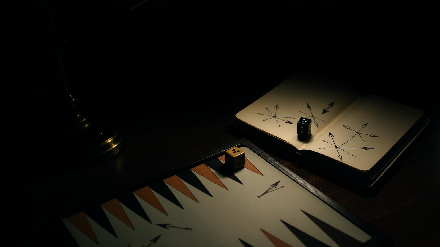 A backgammon board beside a notebook of position diagrams and a doubling cube