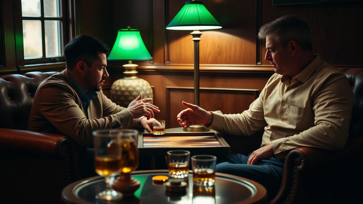 Two players debating a backgammon position under green-shaded lamps