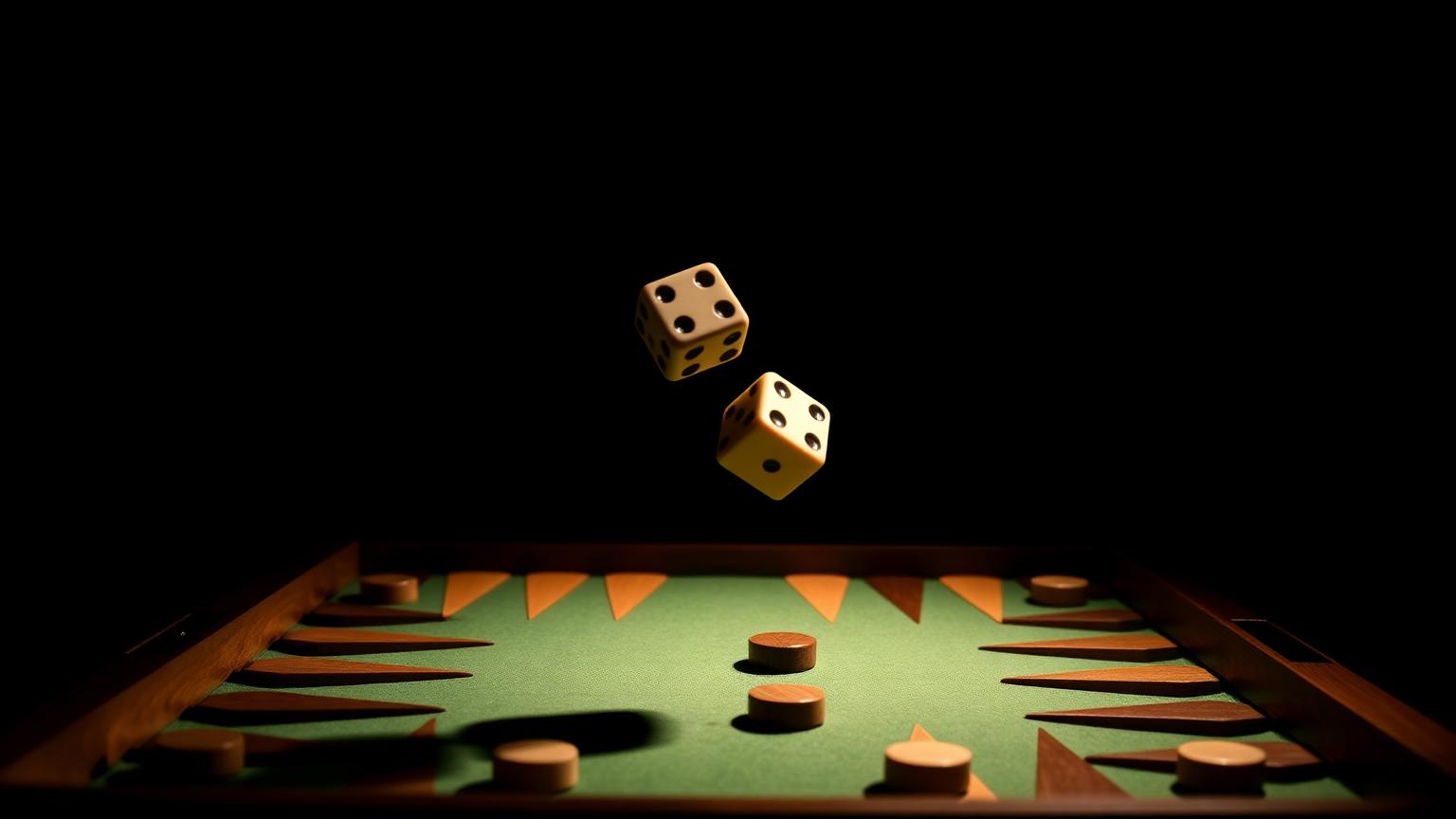 Dice in mid-air above a backgammon board under a warm spotlight