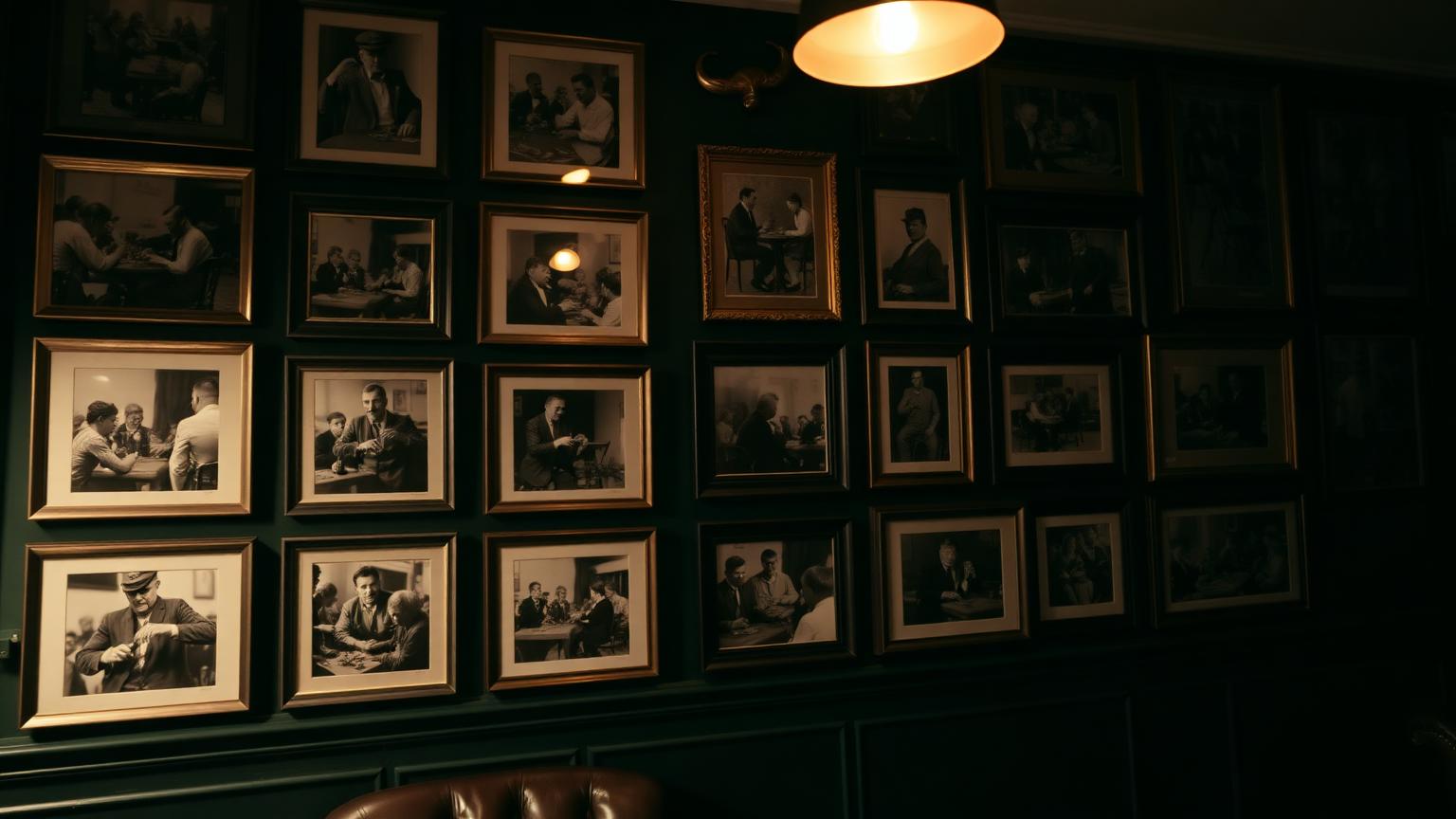 A dark green club-room wall of framed vintage backgammon photographs