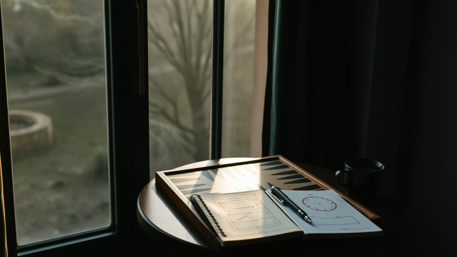A backgammon board and study notebook beside a window in morning light