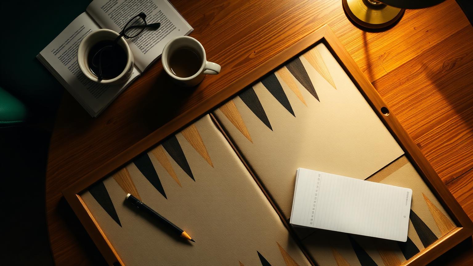 An open backgammon board seen from above beside coffee and a scorecard