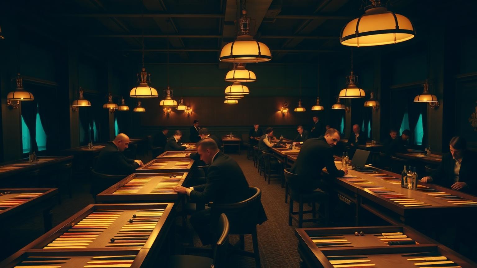 Rows of backgammon boards under pendant lamps in a tournament hall