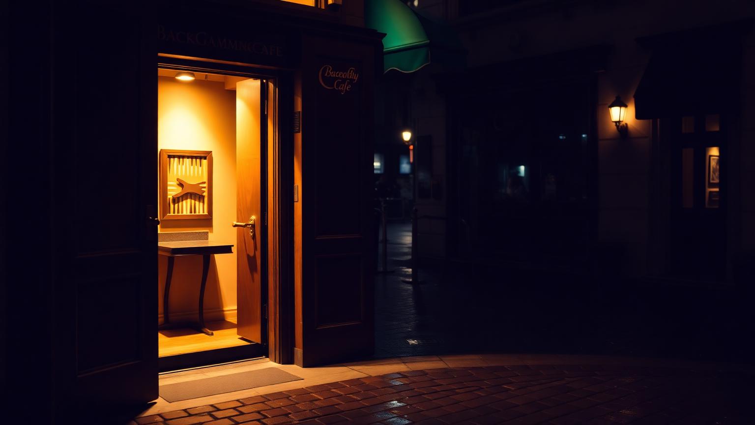 A backgammon café doorway spilling warm light onto a cobbled street at night
