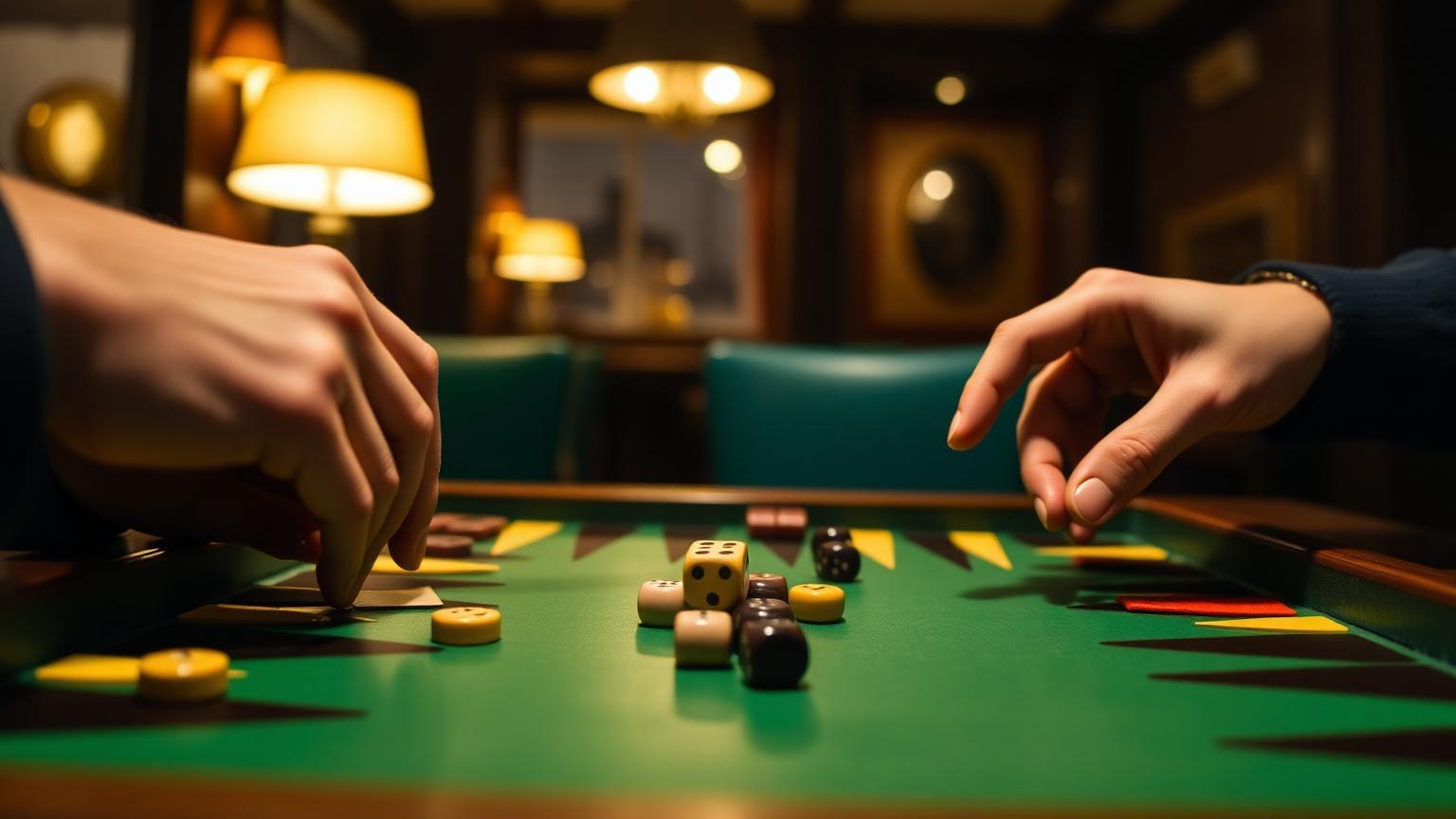 Two players' hands over a backgammon board mid-match in a dark club room