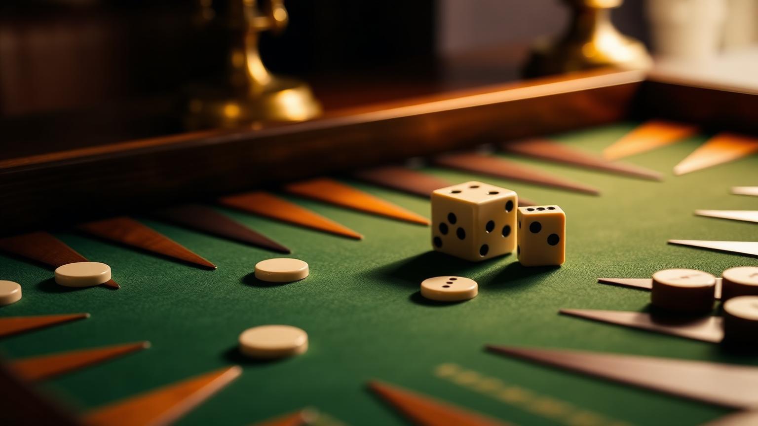 Ivory dice on a green leather backgammon board in warm lamplight